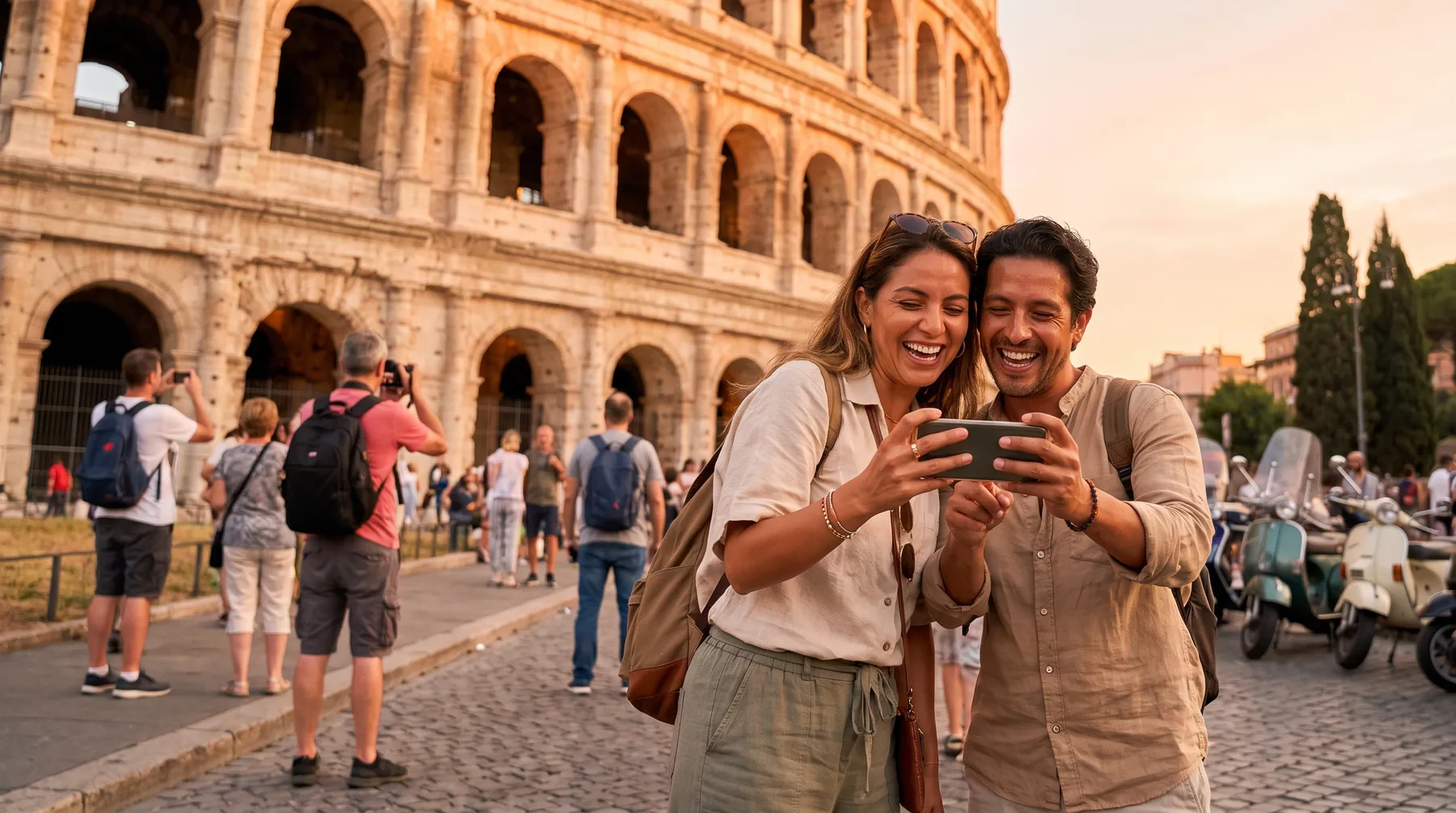 Pareja tomándose una selfie frente al Coliseo, Roma