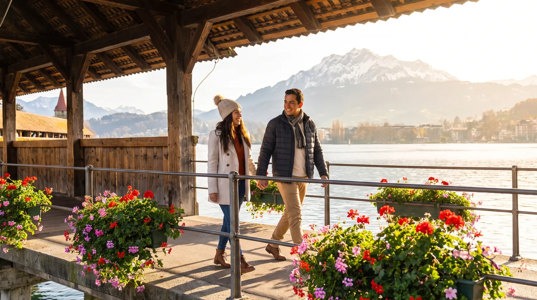 Pareja cruzando el Puente de la Capilla, Lucerna