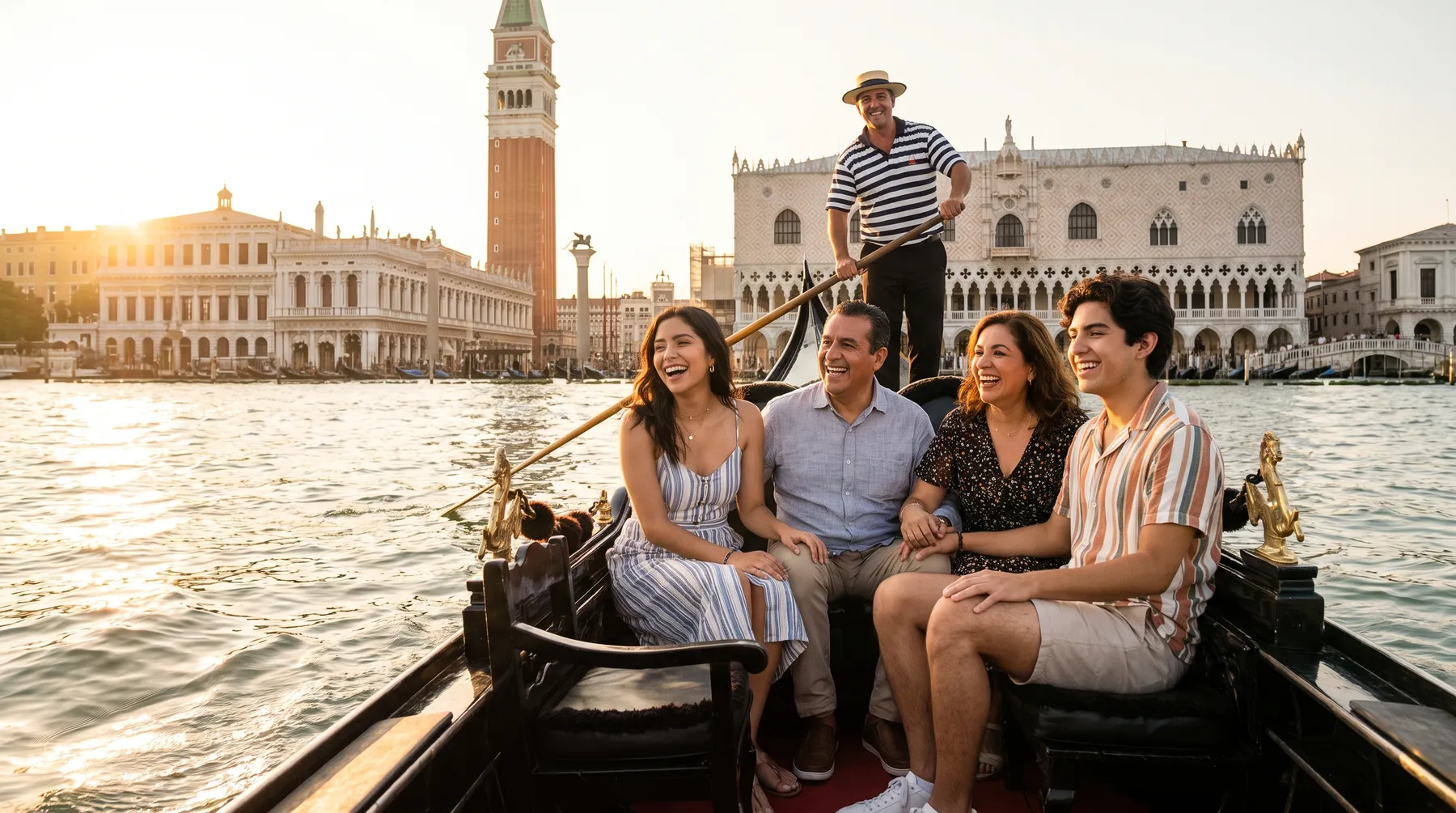 Familia en góndola frente a San Marcos, Venecia